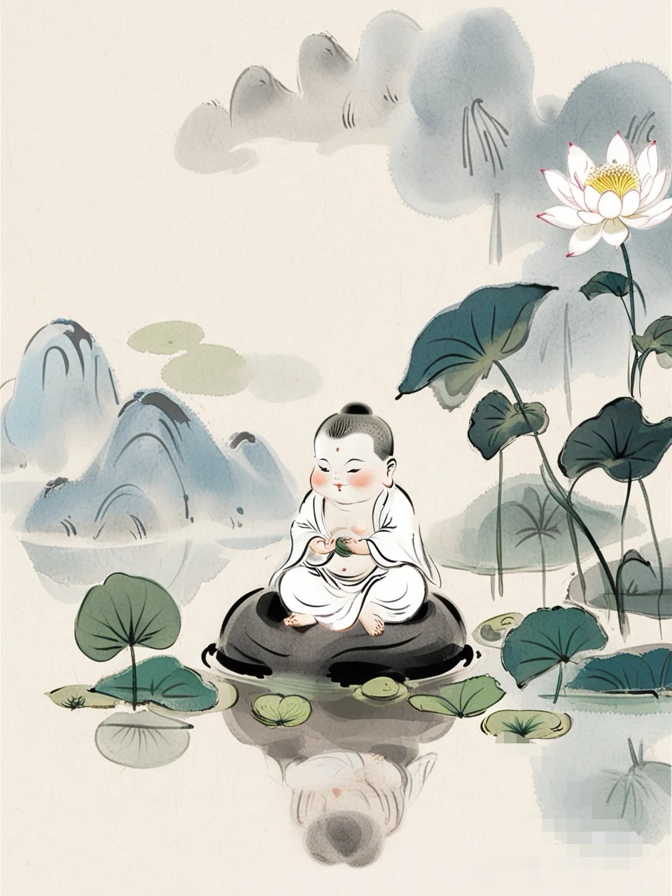 画面中,小沙弥静坐于石上,周遭荷叶田田,莲花绽放,山水朦胧