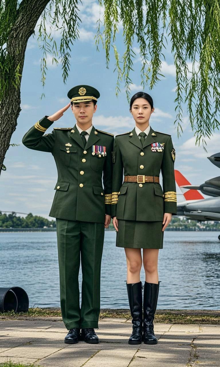 军装情侣照,帅气潇洒,美丽大方,站在湖边,手捧鲜花,纪念这美好时光!