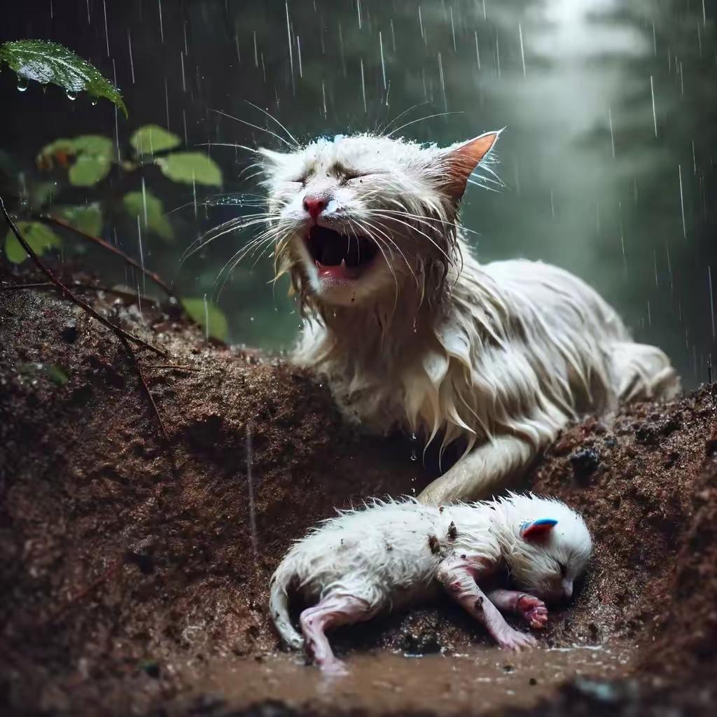 中,一片下雨的丛林,一只母猫猫守在倒地不起的小猫咪身旁,悲伤哀嚎