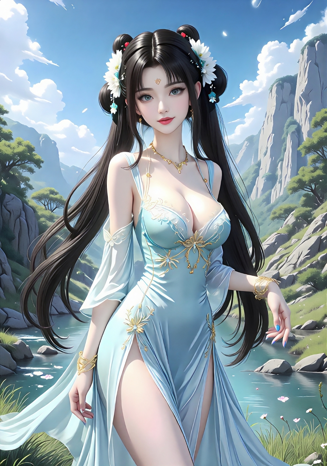 我身着一袭浅蓝古风长裙,裙上金饰点缀,似繁星洒落,增添了几分精致与