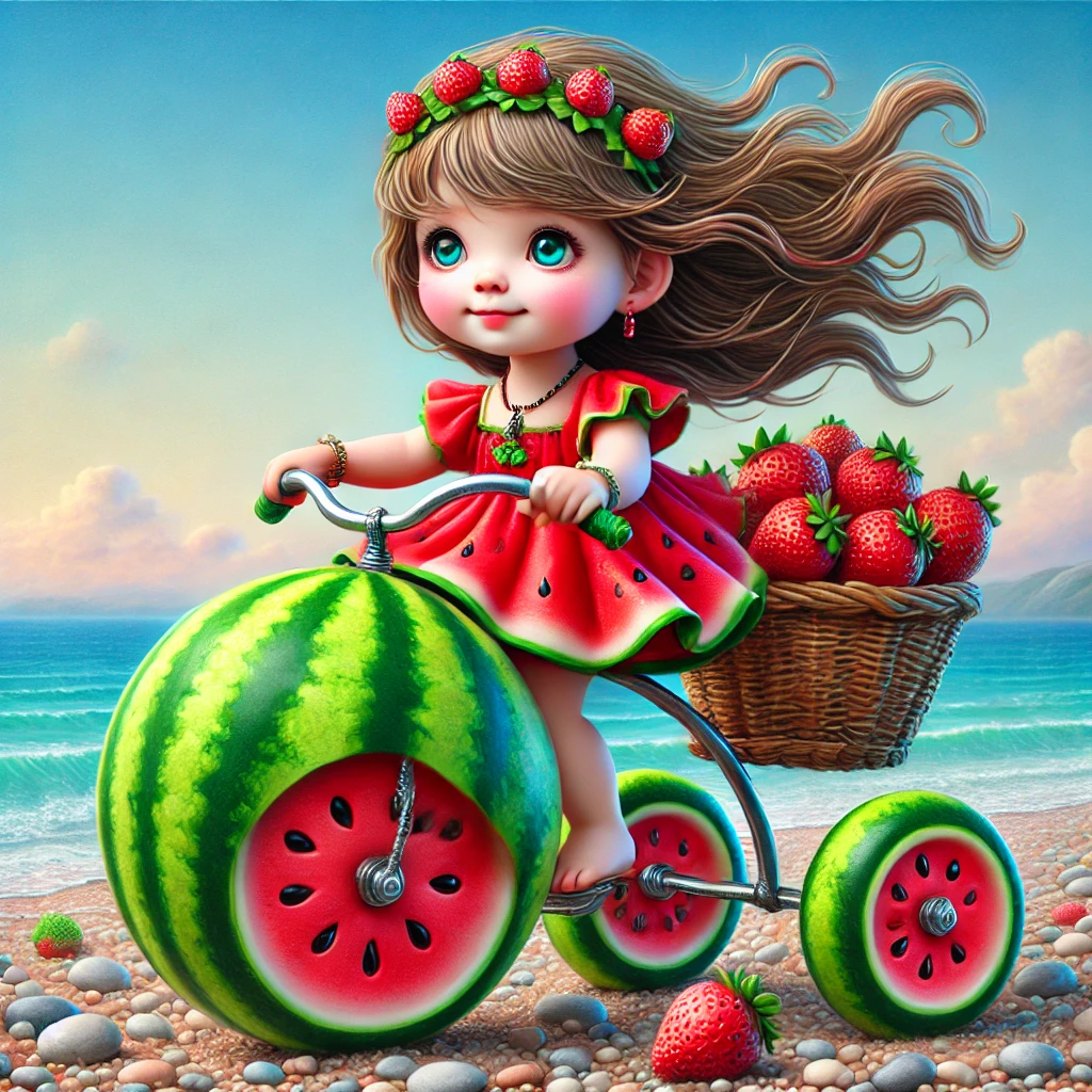 小布娃娃,夏日海滩骑行,西瓜单车,甜美一夏.#ai绘画# #草莓# #西瓜