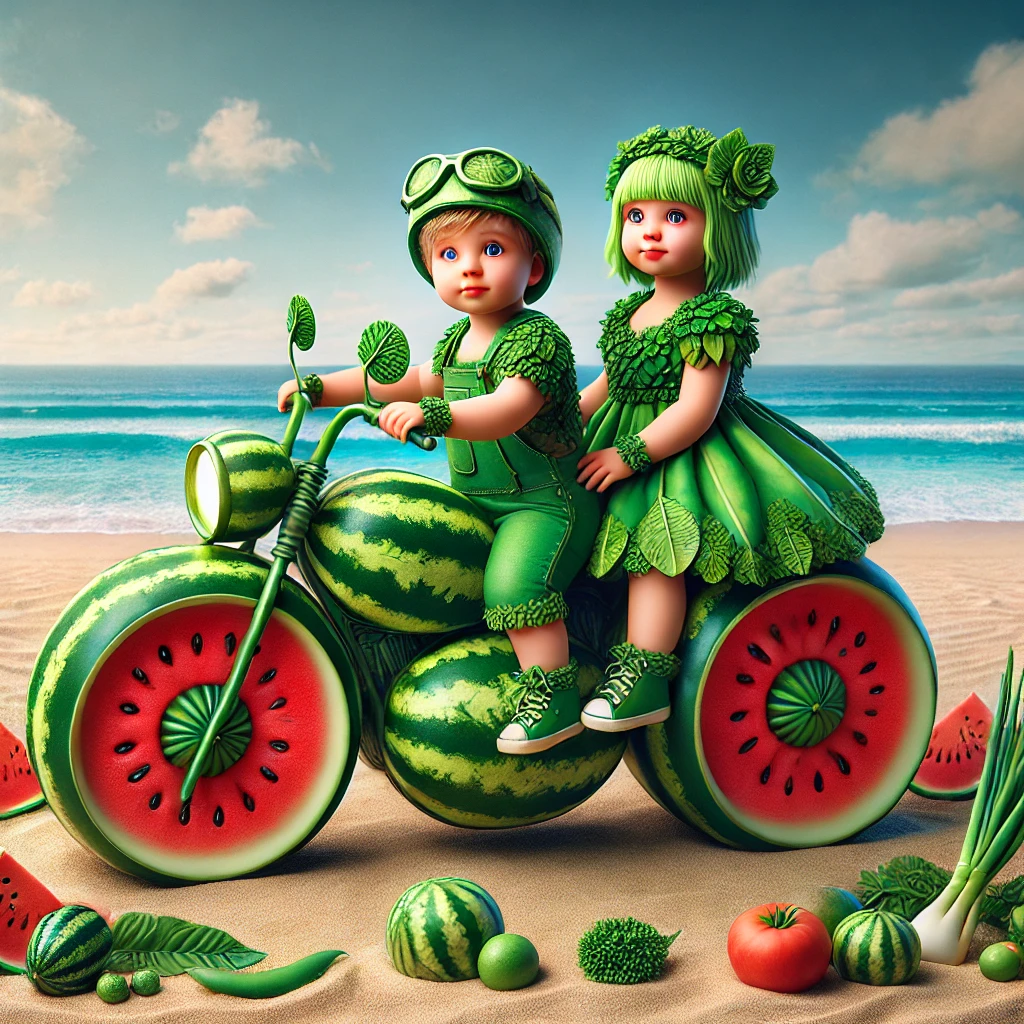 夏日清凉之旅,骑着西瓜车,海风吹过,真甜!#ai绘画# #萌娃日常# #西瓜