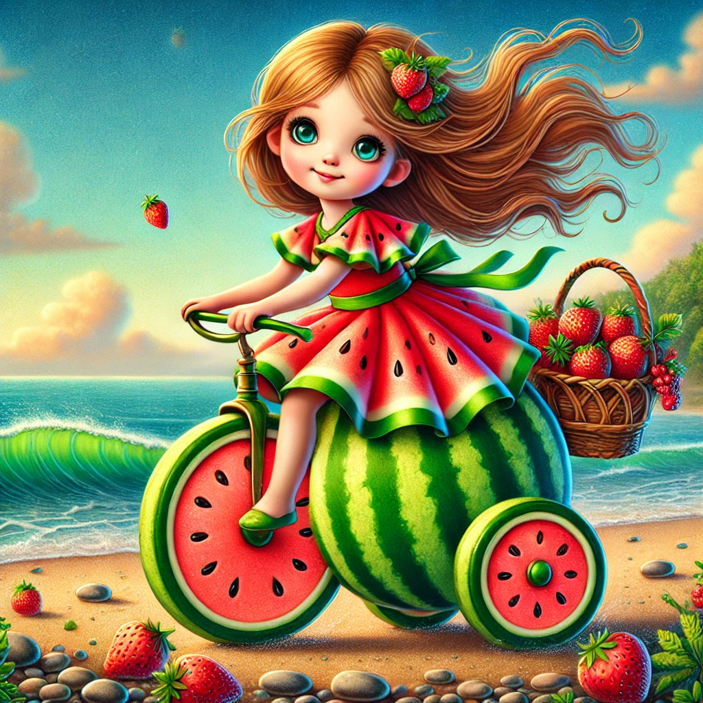 小布娃娃,夏日海滩骑行,西瓜单车,甜美一夏.#ai绘画# #草莓# #西瓜