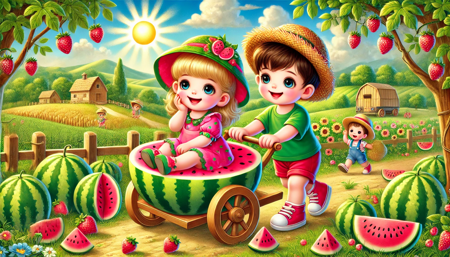 夏日田园,童趣盎然,西瓜小车,欢乐无限.#ai绘画
