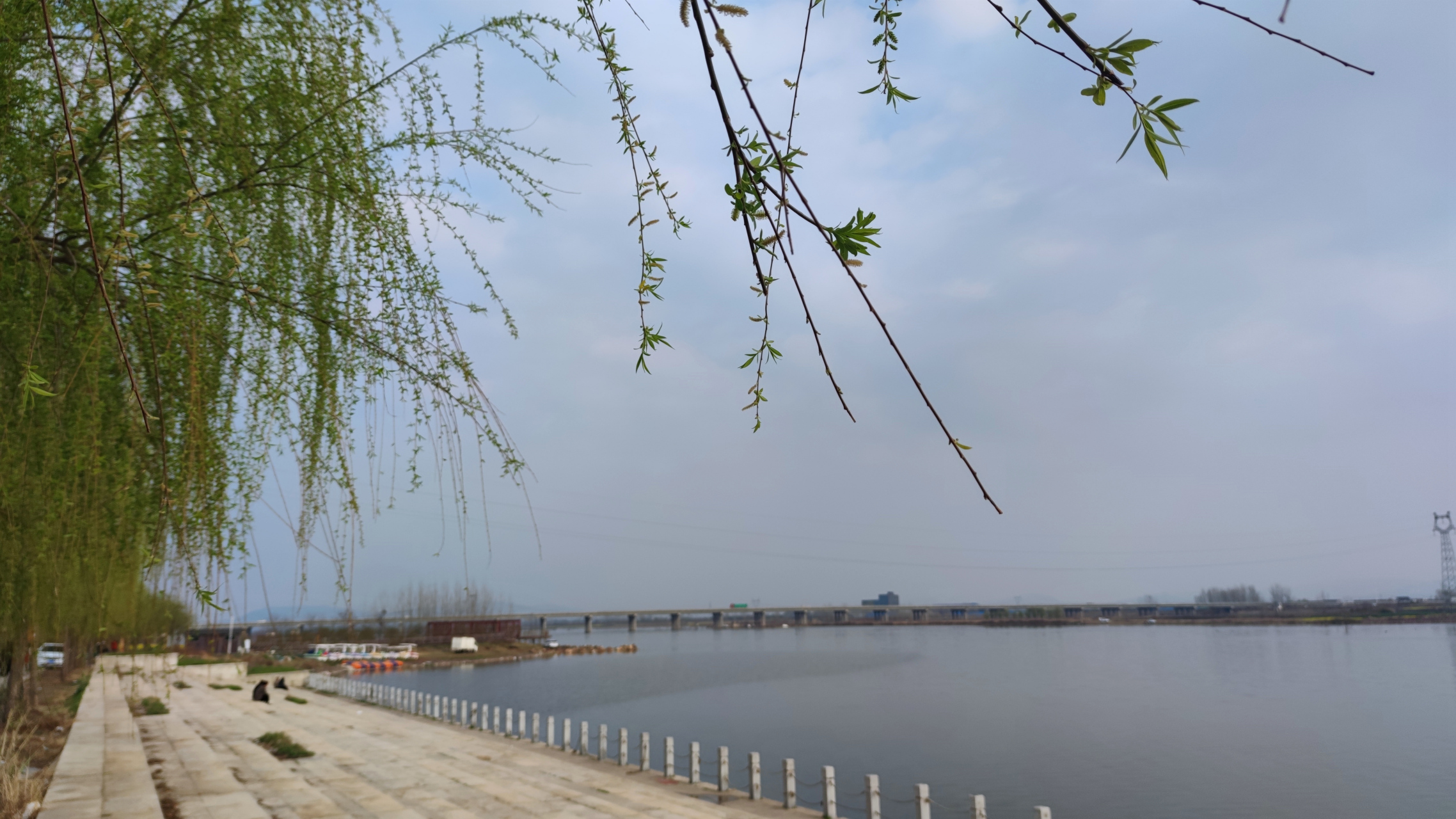 河南平顶山市郏县北汝河湿地公园,在这片宁静的河边上,拦河大坝建筑