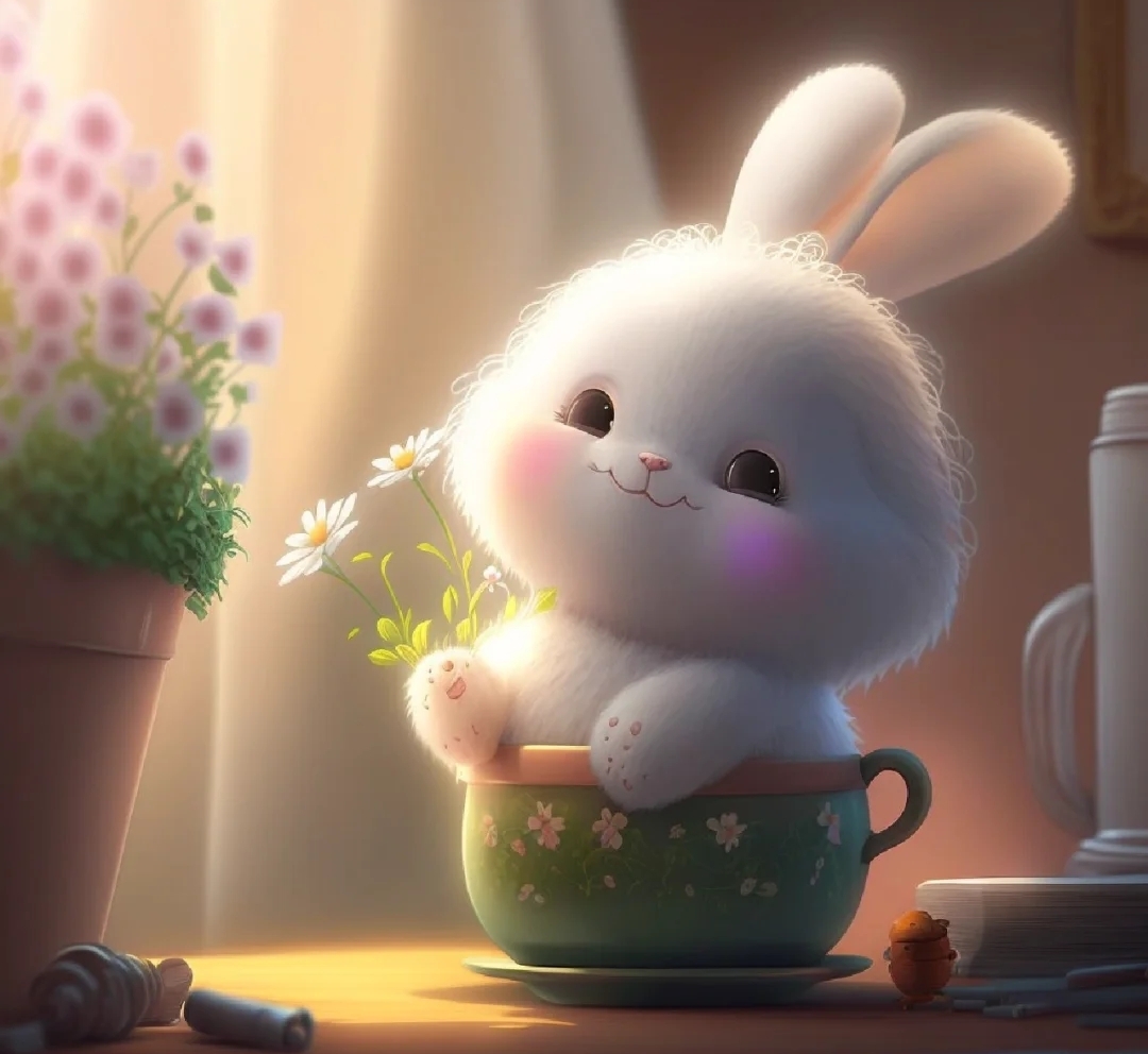 "窗边的小茶会,阳光洒进来,一只白兔在茶杯里探出