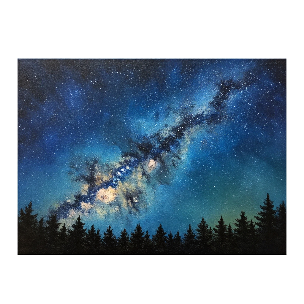 钴蓝的夜幕像被打翻的调色盘,厚重的颜料堆叠出漩涡状笔触