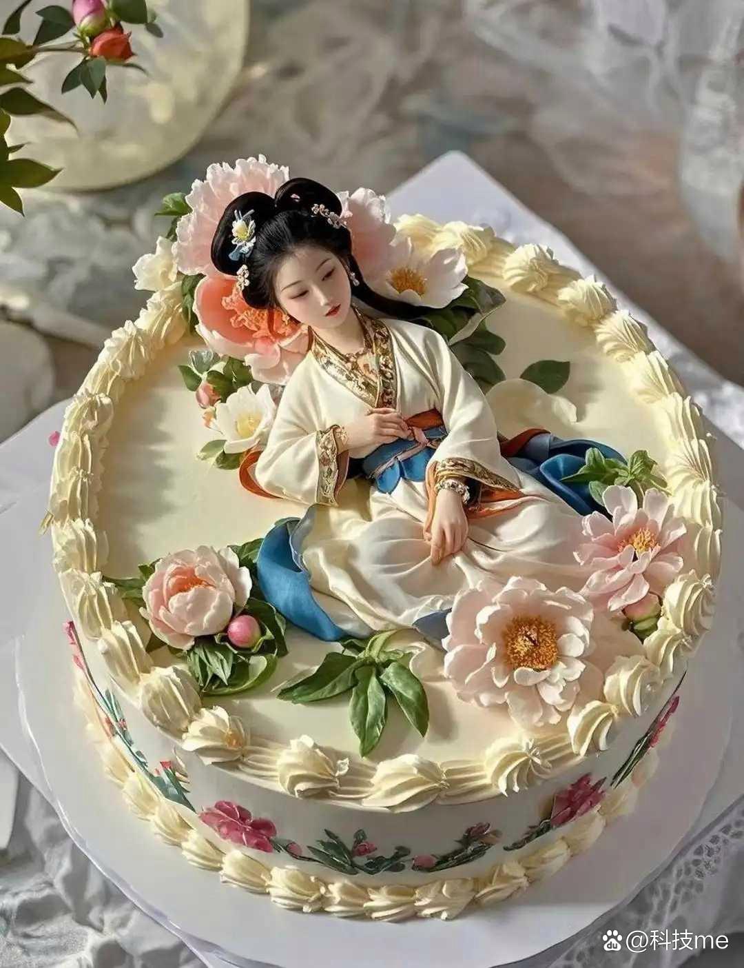 一个美女躺在蛋糕中,姿态优美.蛋糕的色彩鲜艳,装饰精致