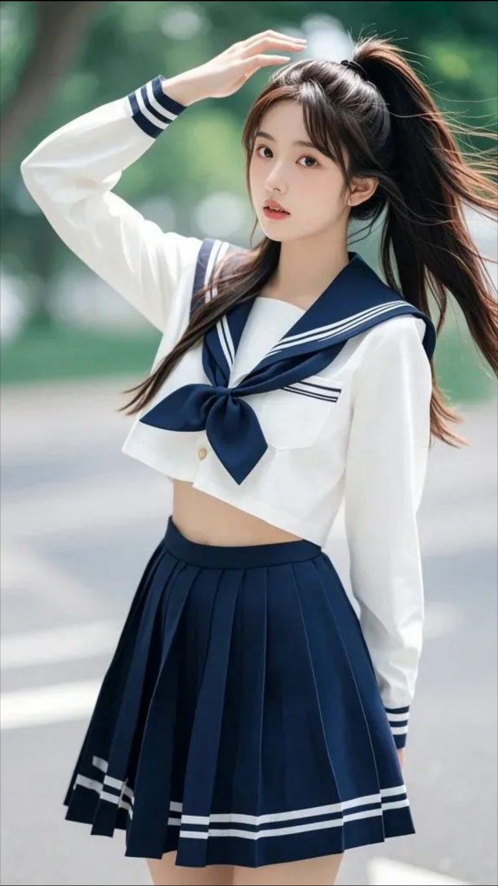 在温暖的阳光下,她如同一道亮丽的风景线,身穿一袭经典的jk水手服
