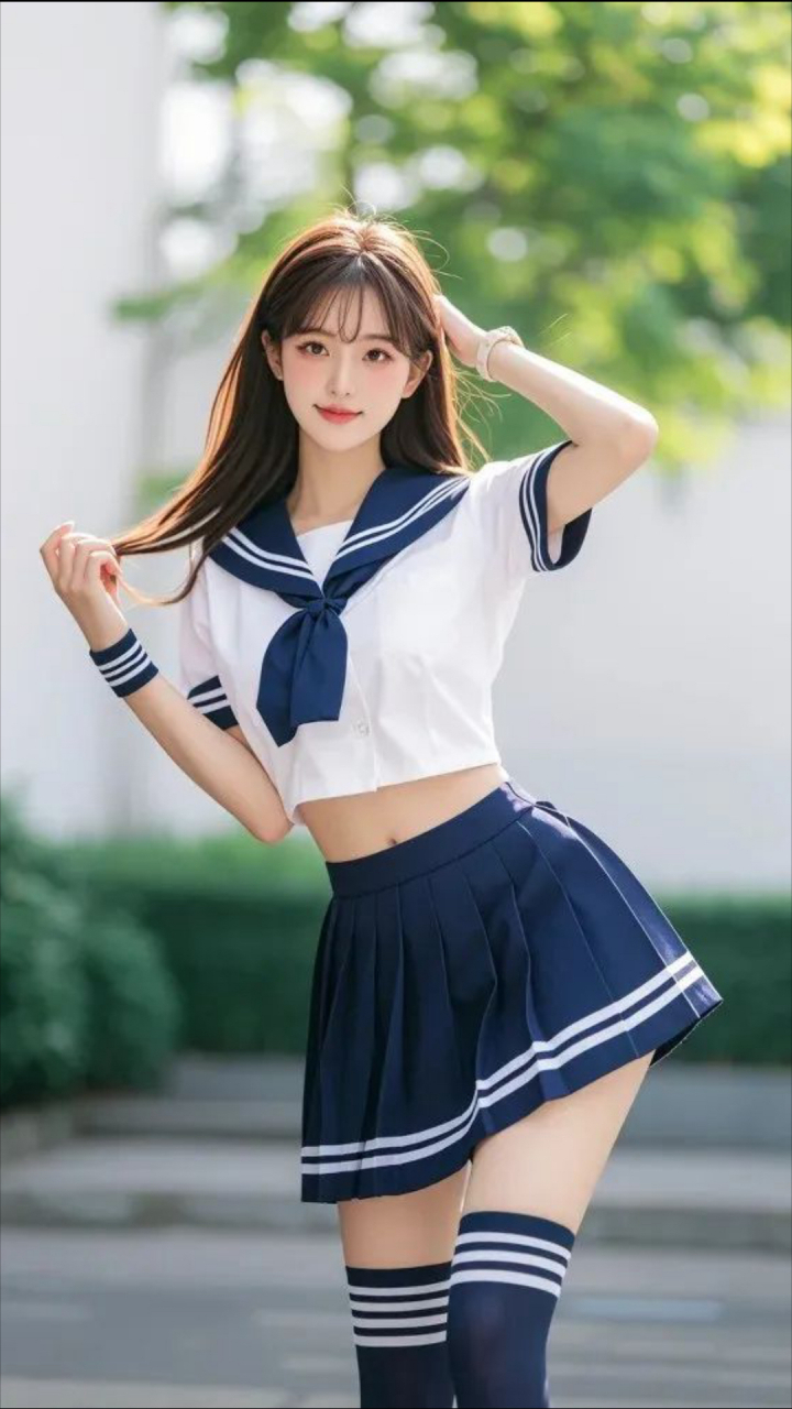 在温暖的阳光下,她如同一道亮丽的风景线,身穿一袭经典的jk水手服