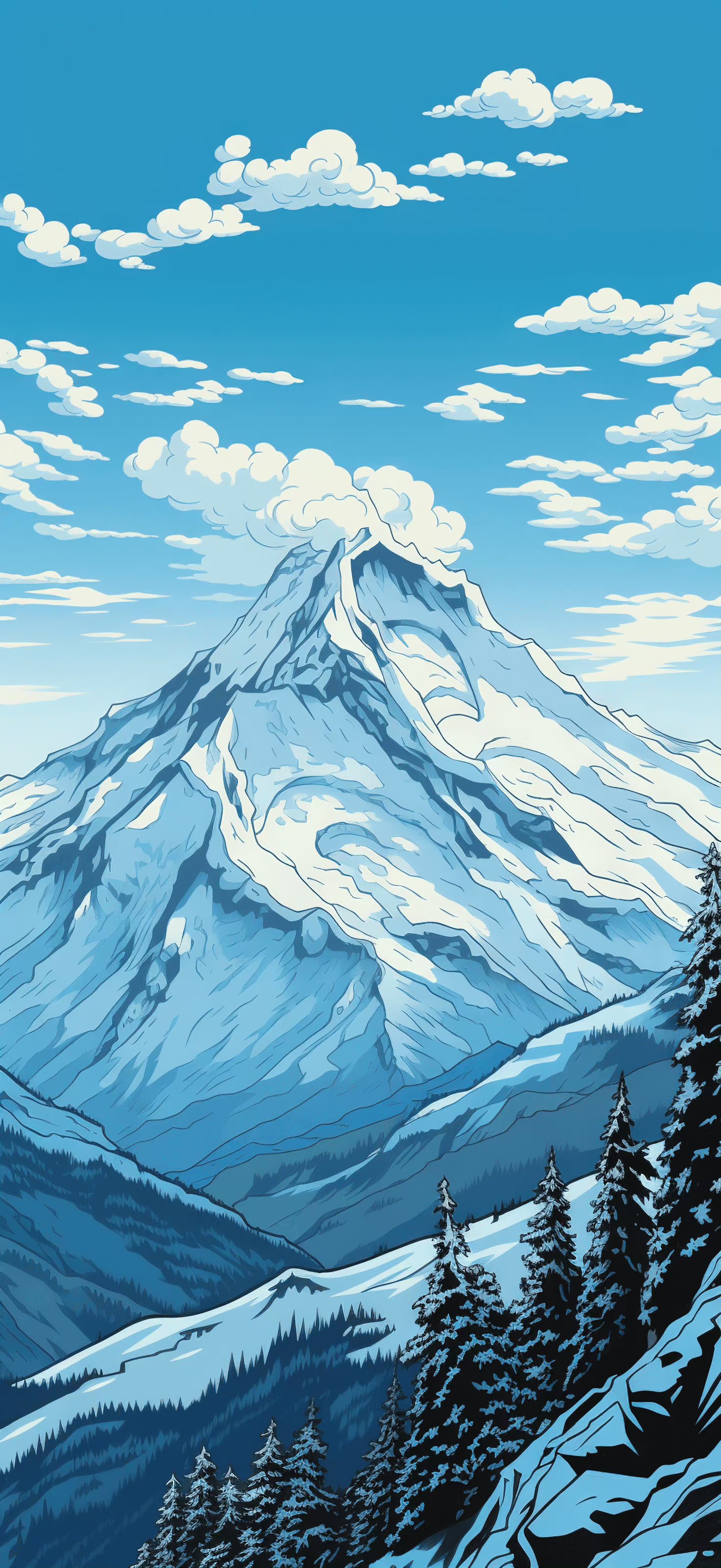 手机壁纸 主题:动漫风景,色彩,青山,雪山,白云,色彩绘画