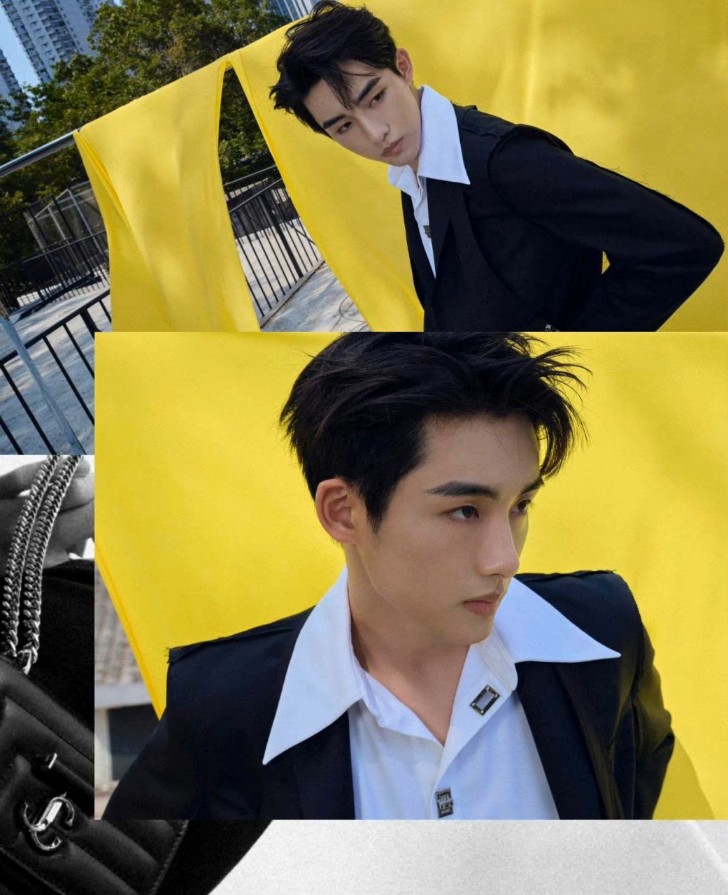 董思成身穿黑色西装套装搭配白色衬衫,经典的黑白配,利落优雅,享受