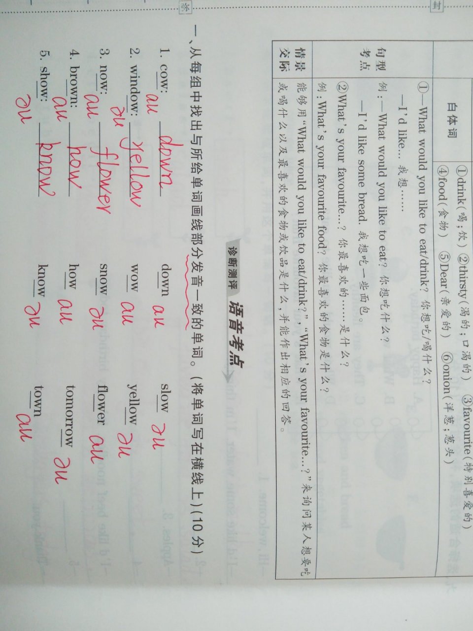 五年级上册字母组合ow的发音: ①ow发音为/au/: ②ow发//的音:  我