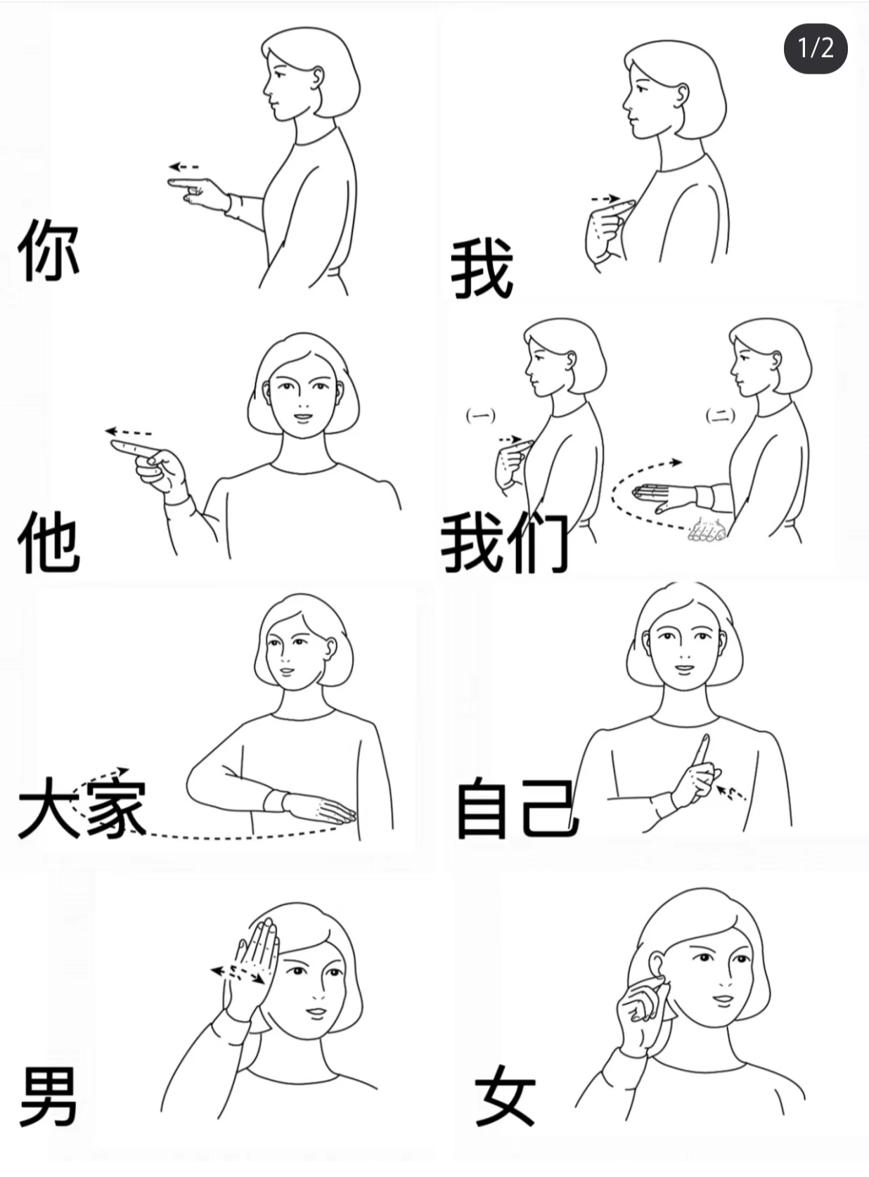 手语基础知识教学 手语人称及家庭成员教学邕上 1,我:一手食指指着