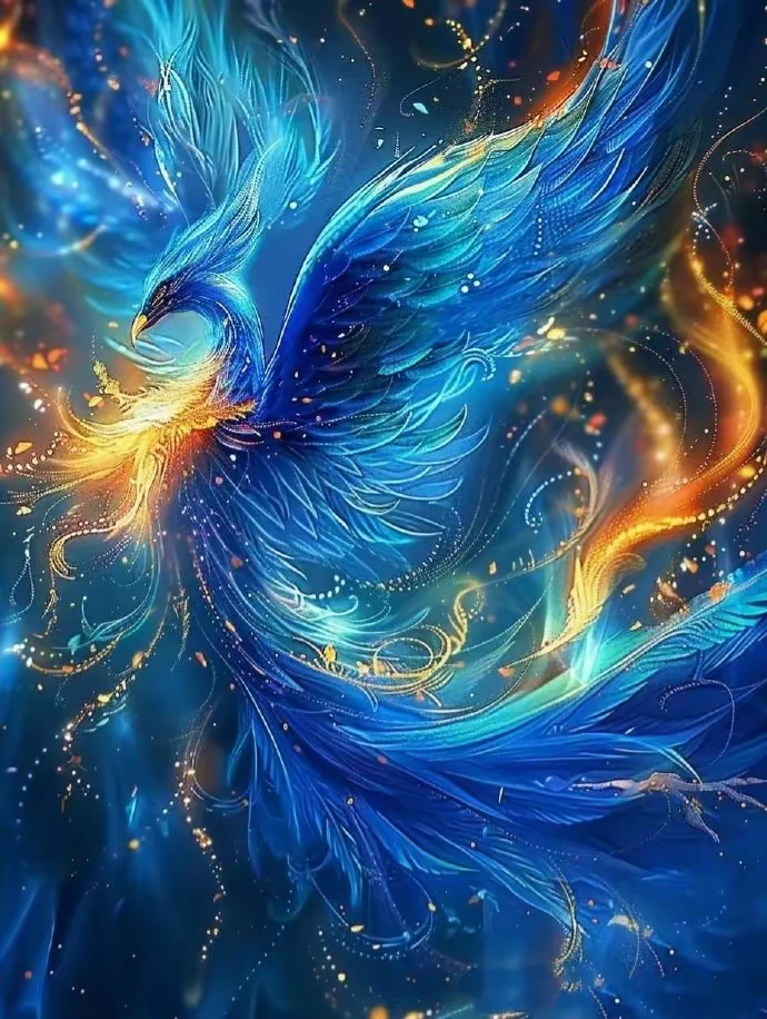 凤凰涅槃燃烈焰, 浴火重生舞九天. 辉煌光芒破云霄, 好运降临展宏篇.