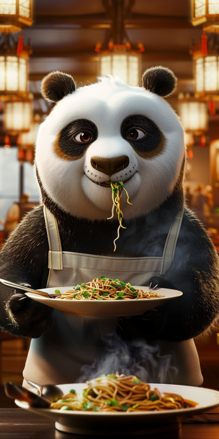 在这个亚洲风格的餐厅里,大熊猫悠然自得地享受着它的美食,表情满足又