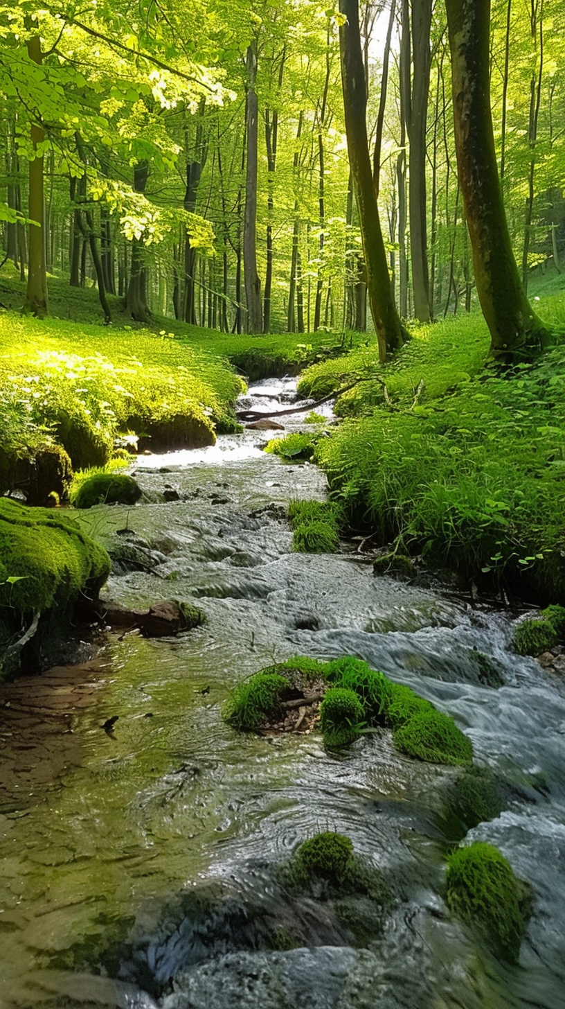 小溪在阳光下闪烁,绿树成荫,青苔覆盖着每一块石头和树木