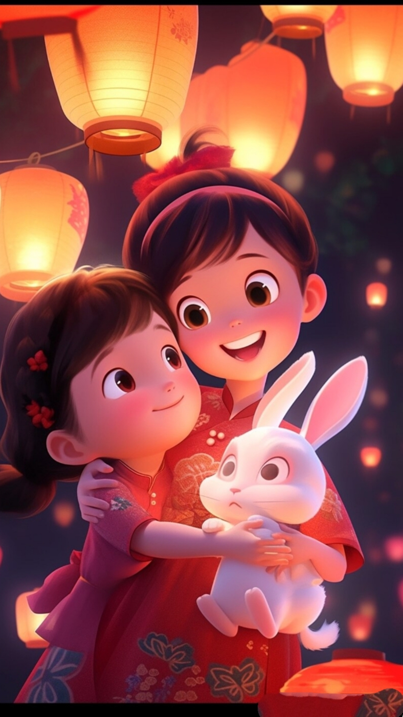 中秋佳节,一位可爱的仙女,穿着中国古装,提着灯笼,可爱的兔子在少女