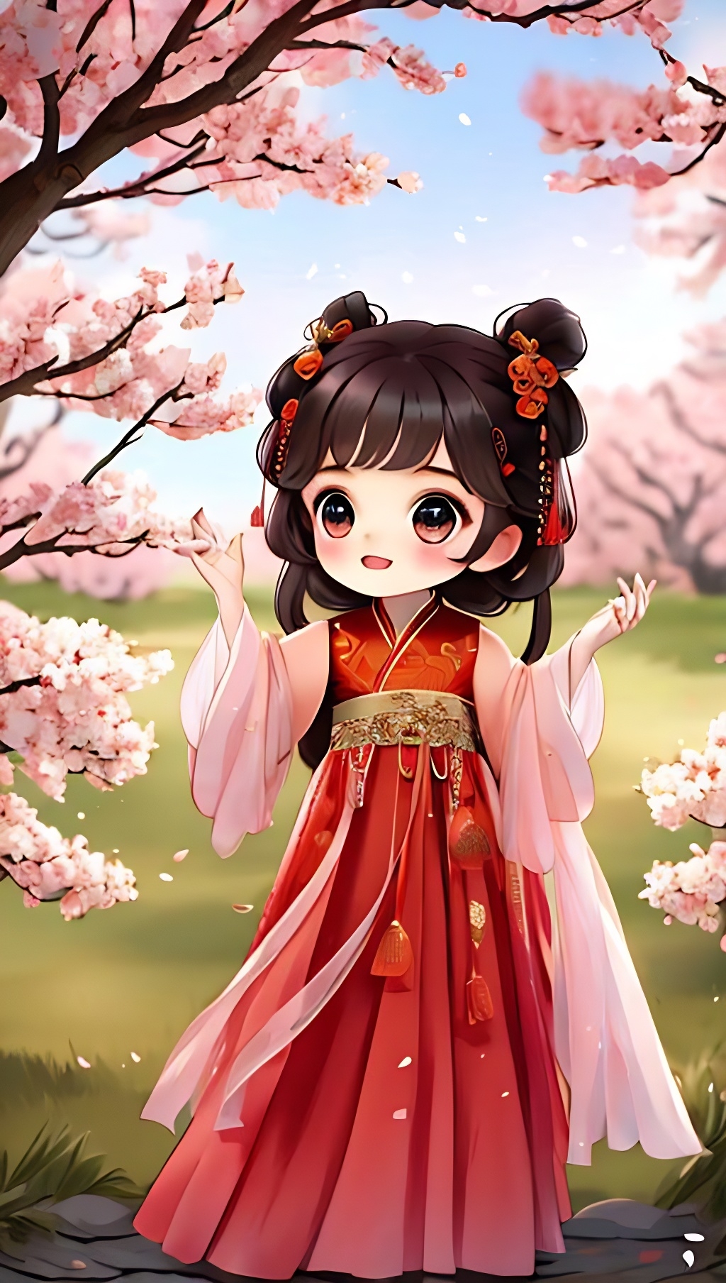 🌸👧🎨  看那个小女孩,穿着红色汉服,站在樱花树下,真的好可爱