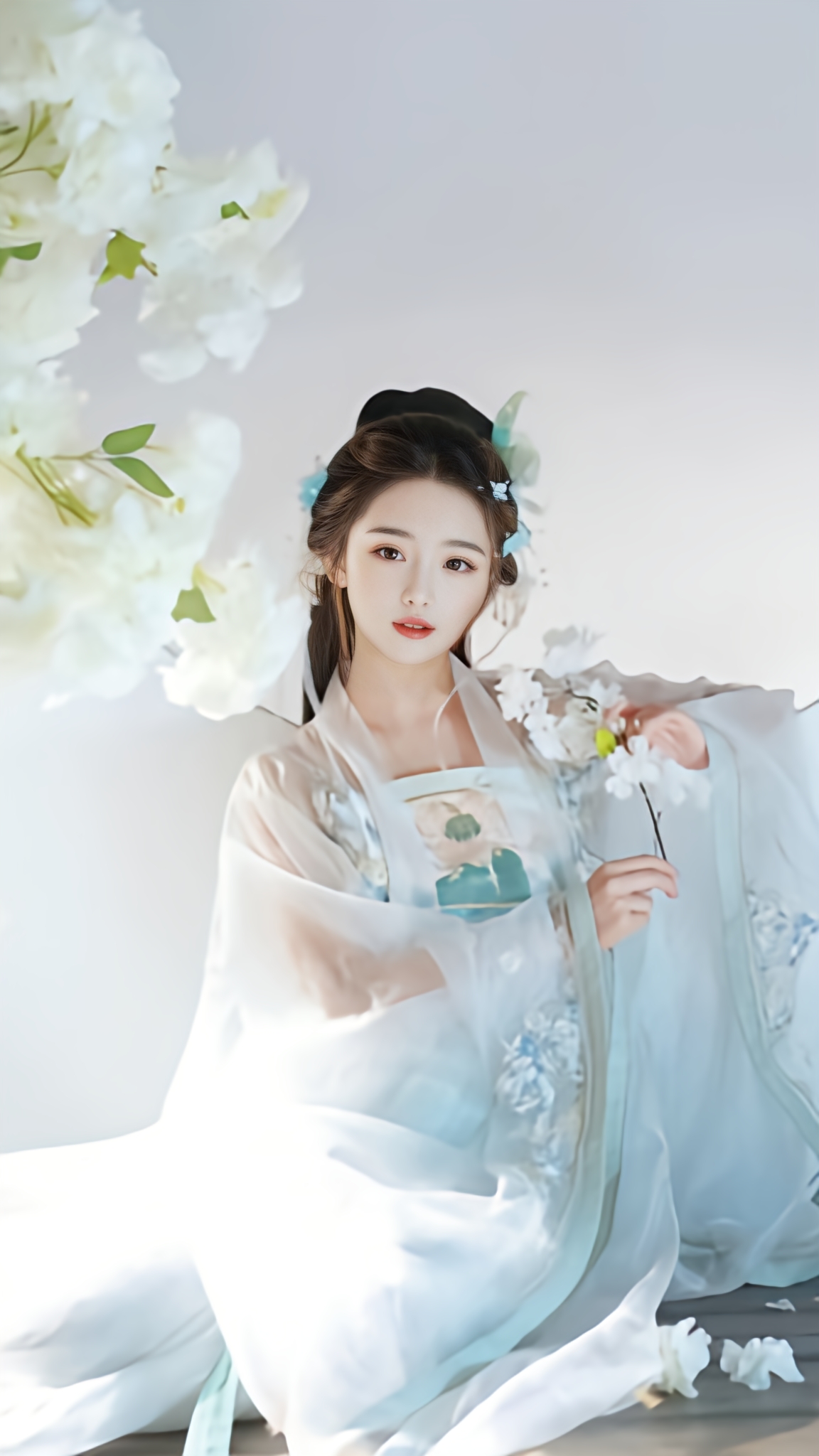 她身穿纯净的白色汉服,宛若从画中走出的古典美人.