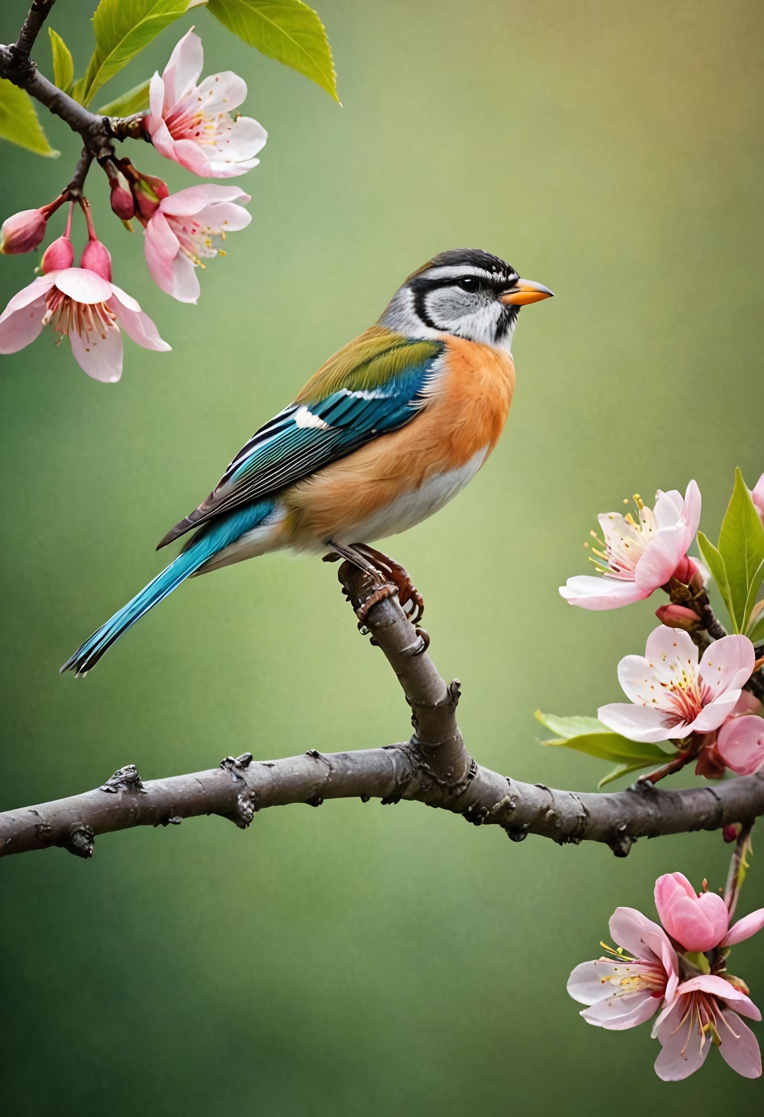 鸟儿羽衣斑斓,喙黄眼白,立于枝头,与背景绿植相映成趣