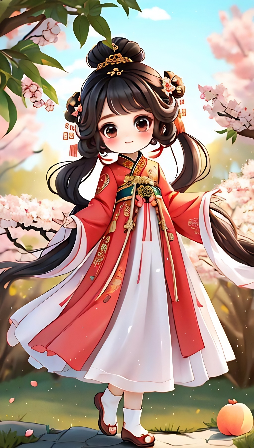 🌸👧🎨  看那个小女孩,穿着红色汉服,站在樱花树下,真的好可爱