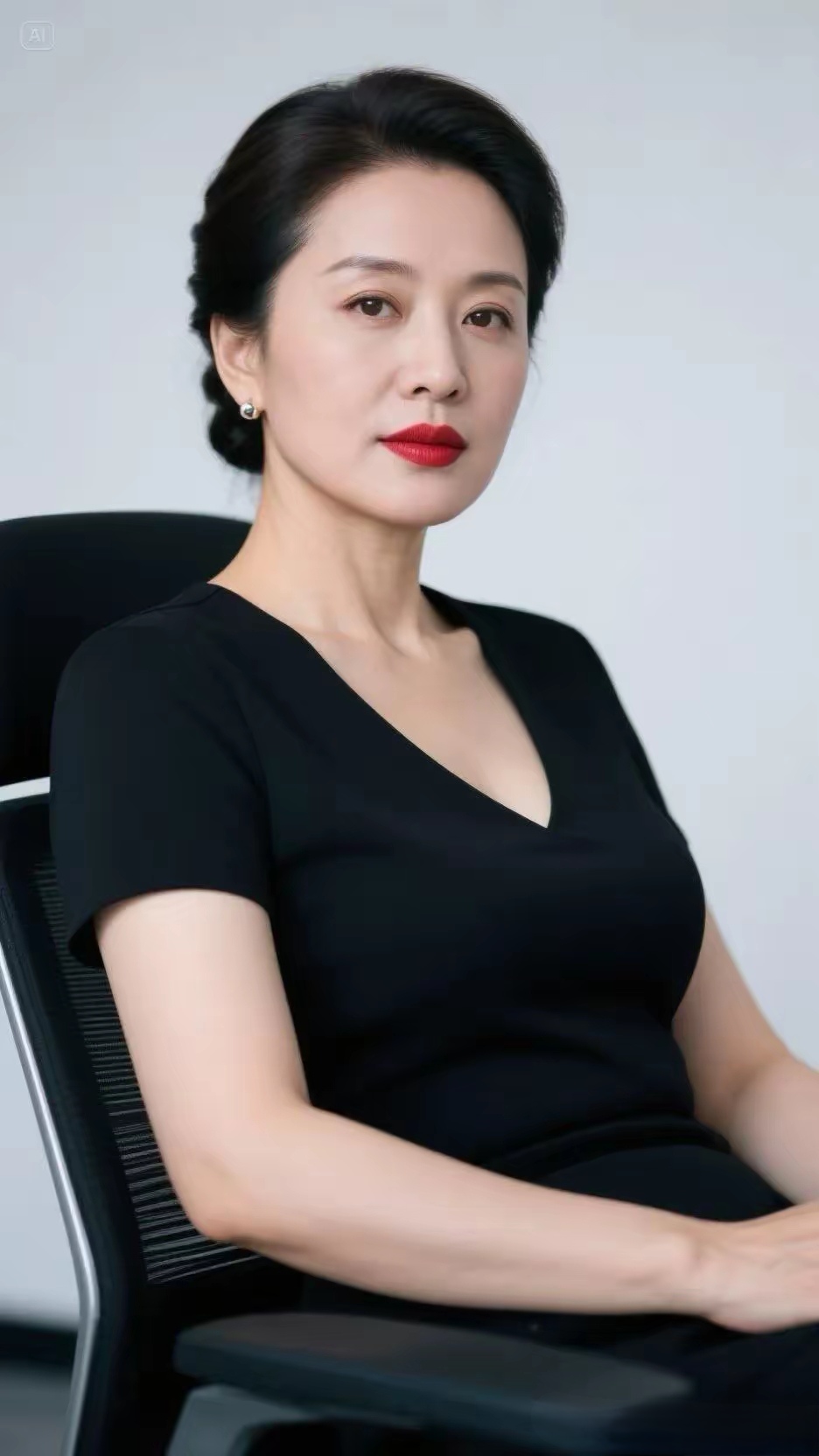 身着简约黑裙,利落盘发衬出气场,红唇轻点似藏故事