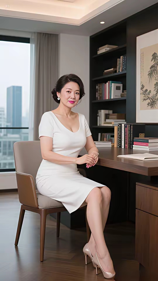 一袭白裙,勾勒从容姿态,眉眼藏着商事洞察,指尖轻触