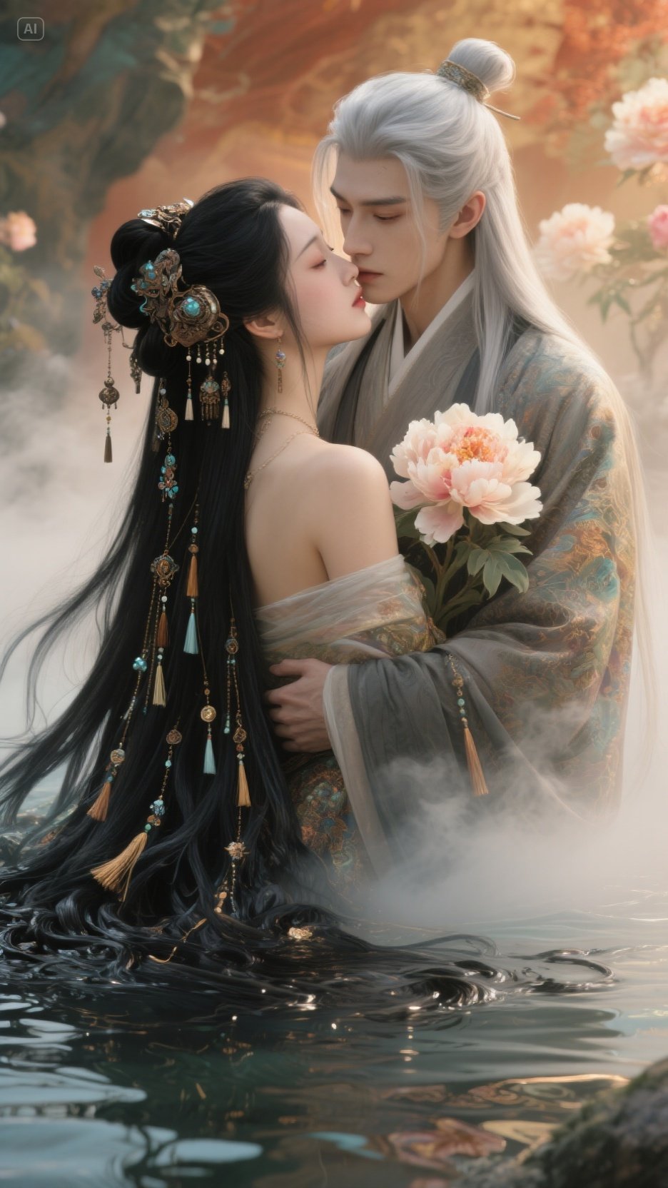 "古风丽人与友人花间相拥,共享浪漫时刻