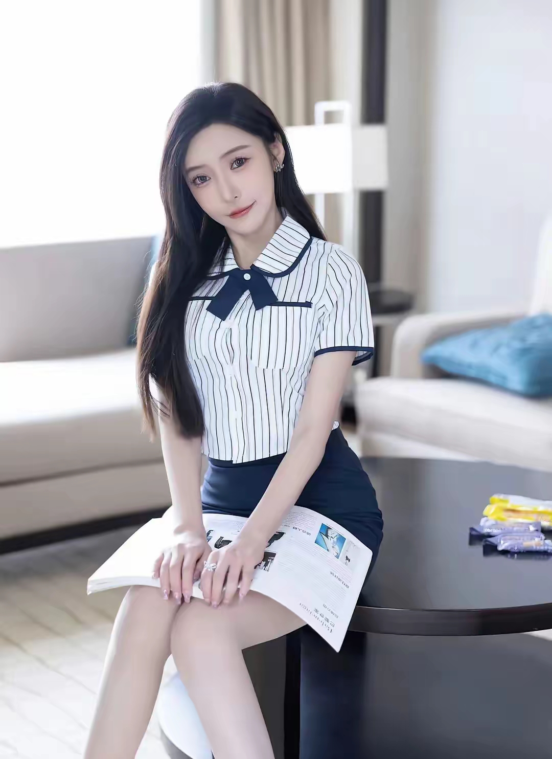 长腿小姐姐优雅坐姿,条纹衬衫搭配海军蓝短裙,时尚感满分!