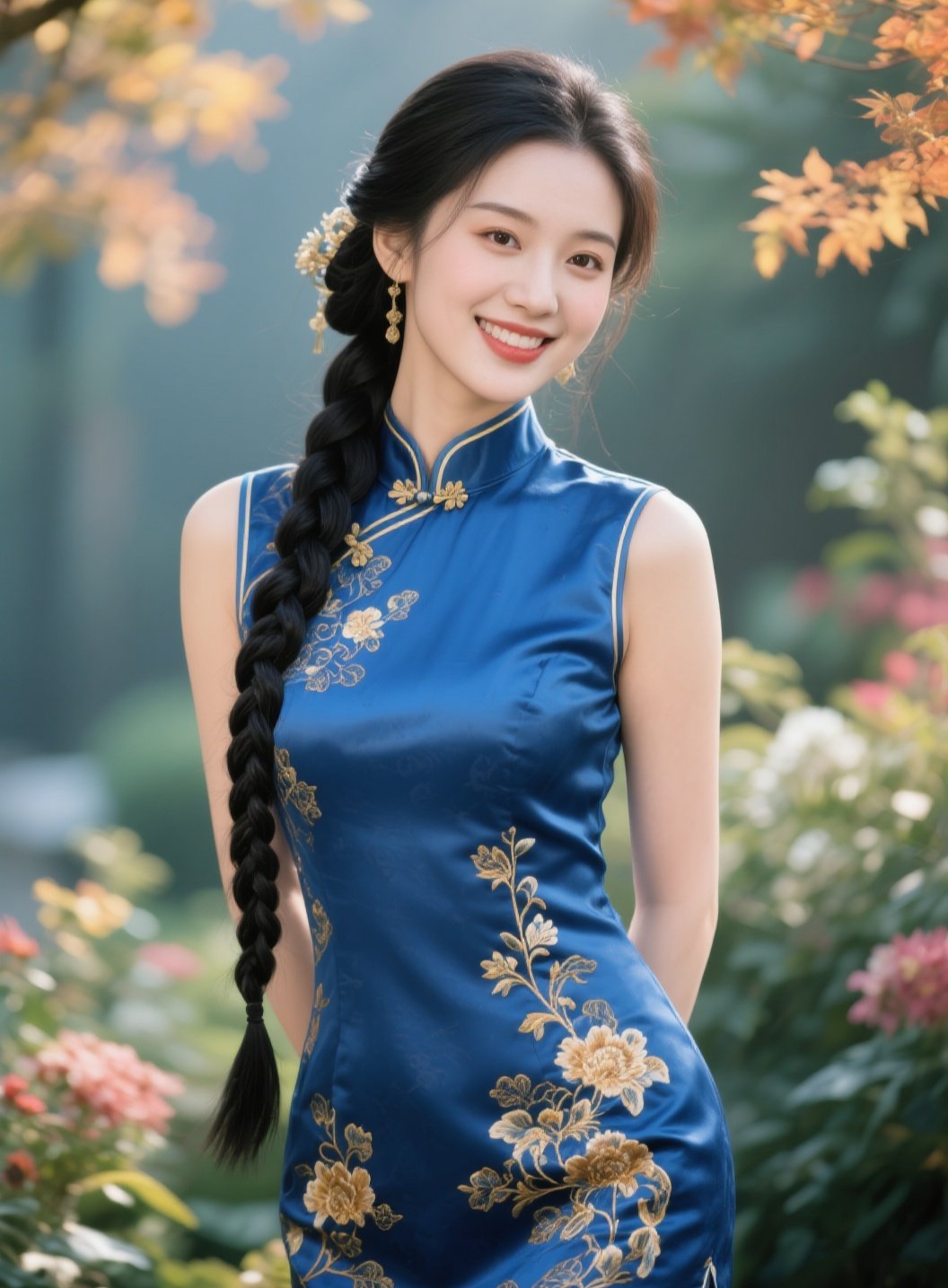 秋日花园里,捕捉到一位笑颜如花的@小仙女,她身着传统旗袍,气质优雅