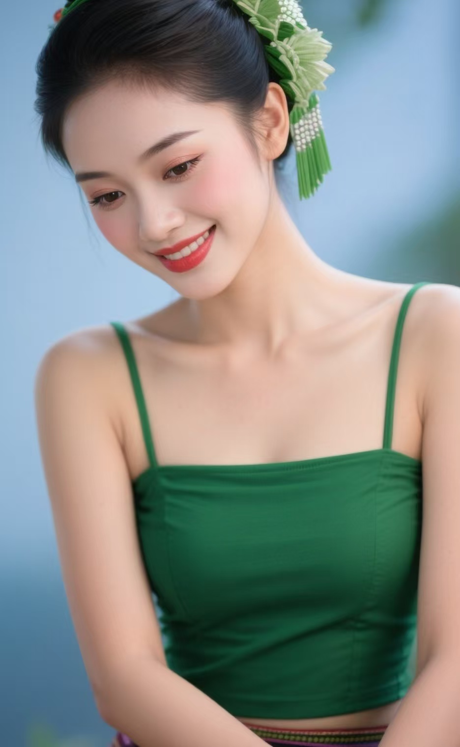 捕捉到一位笑容灿烂的女孩,她头戴绿植,身穿绿色吊带,清新自然,宛如