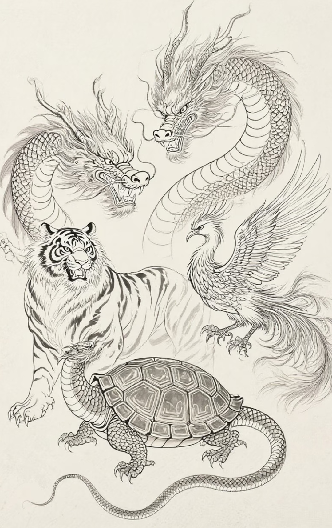 神兽怎么画青龙白虎线稿祥瑞简笔画图片四大神兽白虎简笔画玄武手绘图