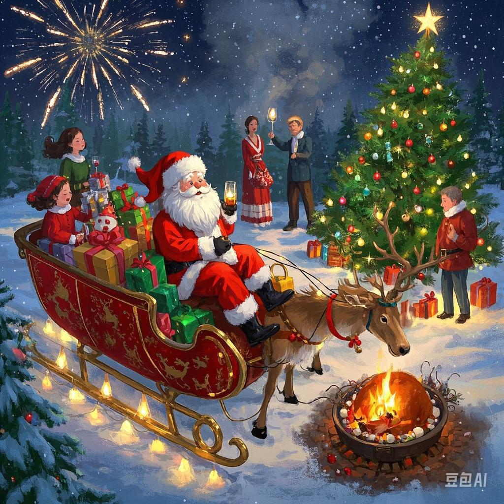 雪落人间,麋鹿铃响,圣诞老人的雪橇载着礼物与祝福,穿梭在