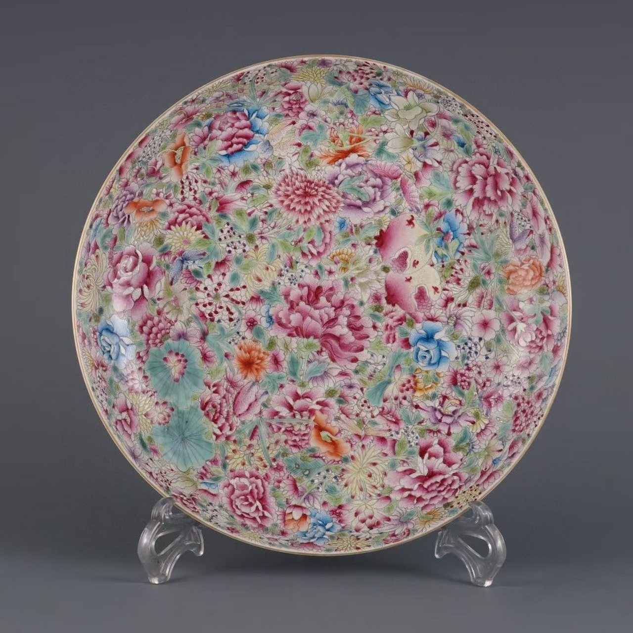 清,粉彩百花不落地盘