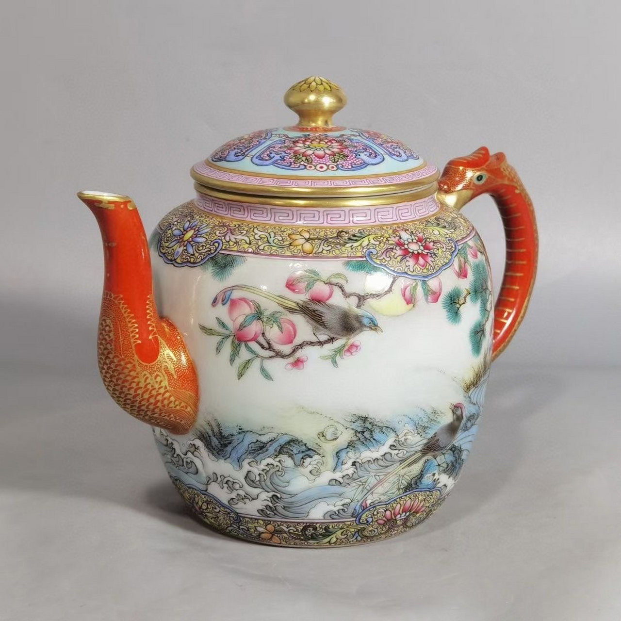 清,珐琅彩花鸟诗文壶