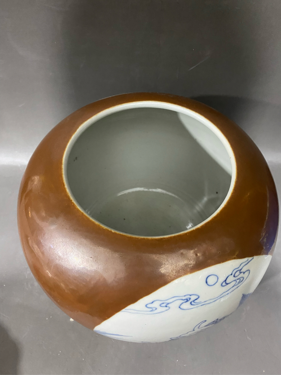 清,紫金釉开窗青花麒麟洗