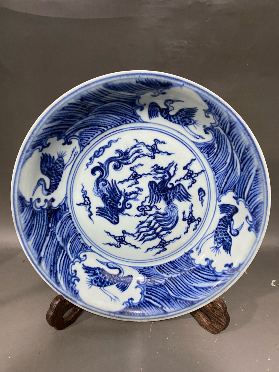 明,青花凤纹盘