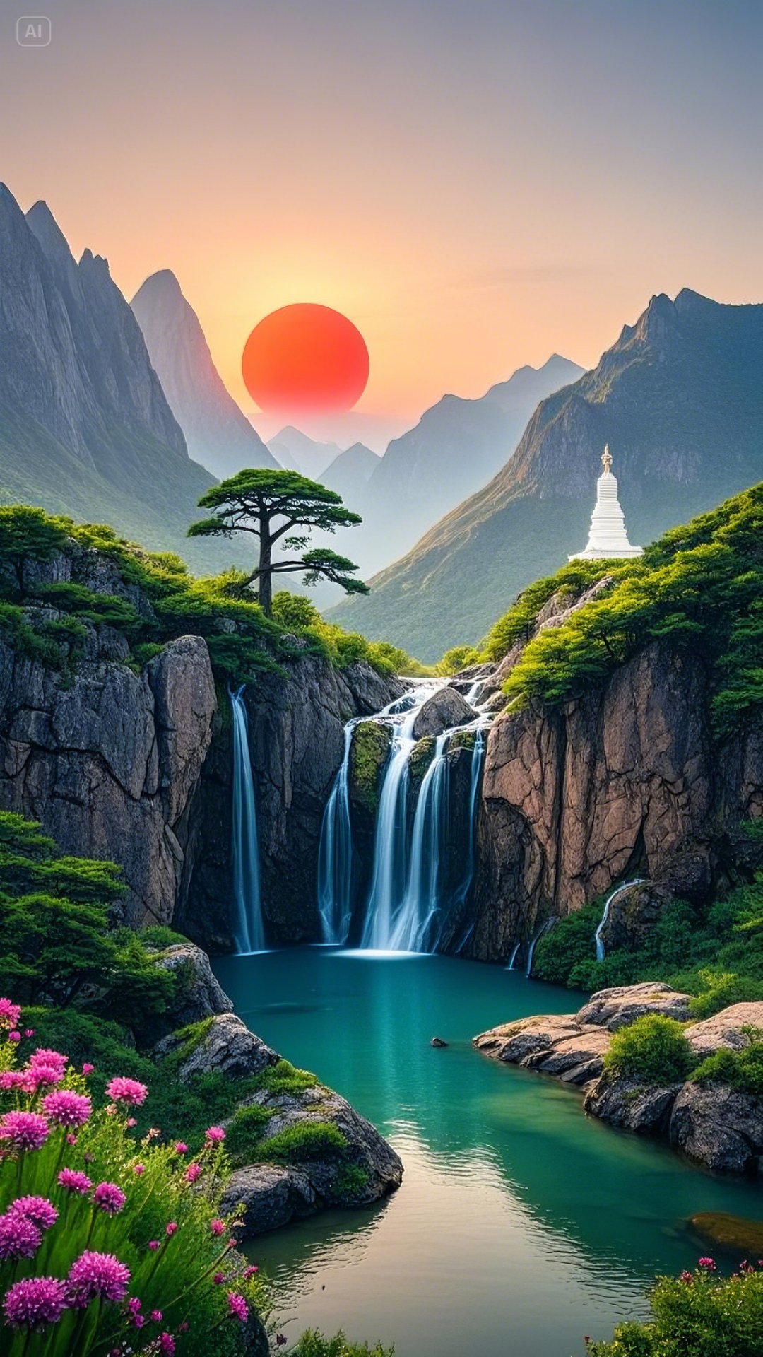 这幅图中,两侧大山巍峨耸立,宛如坚实靠山,寓意贵人相助,事业稳如泰山