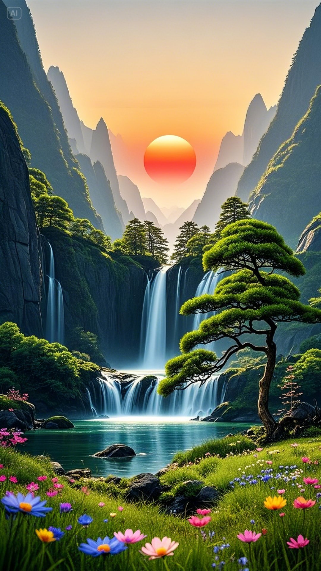 这幅图中,两侧大山巍峨耸立,宛如坚实靠山,寓意贵人相助,事业稳如泰山