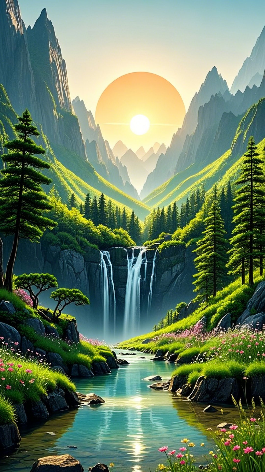 这幅图中,两侧大山巍峨耸立,宛如坚实靠山,寓意贵人相助,事业稳如泰山