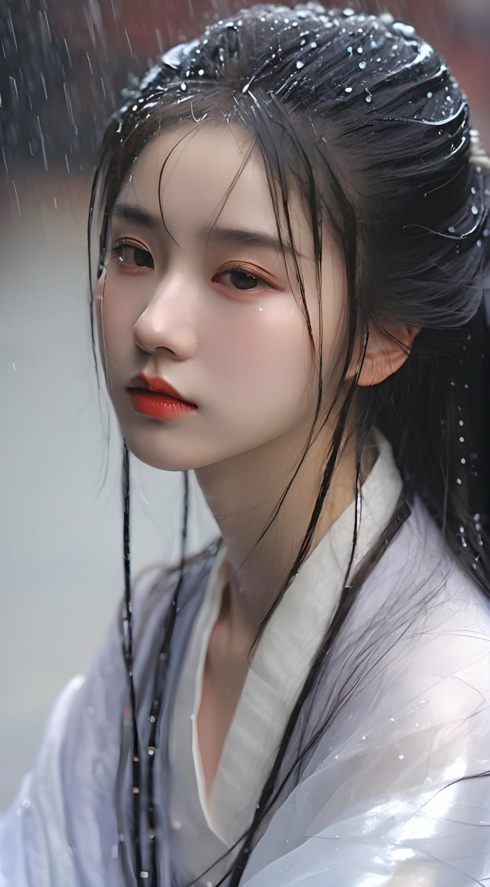 细雨中的古风美女 细雨如丝,轻轻洒落,如琴弦上滑落的音符.