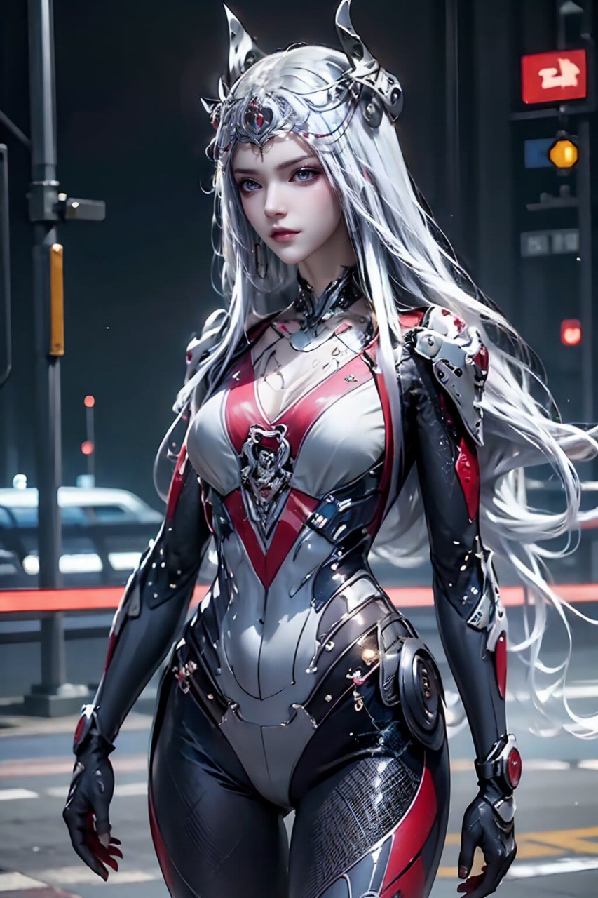 机甲风波塞西女王未来之城,红黑机甲银发女战士,独自站在这条寂静的