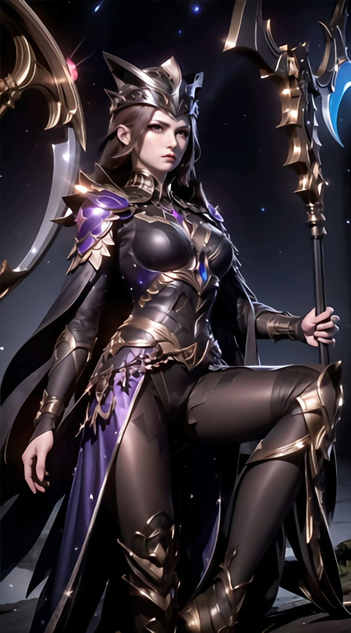 比比东,黑暗中的王者,身披黑紫铠甲,头戴荣耀王冠,手持长剑与权杖,她