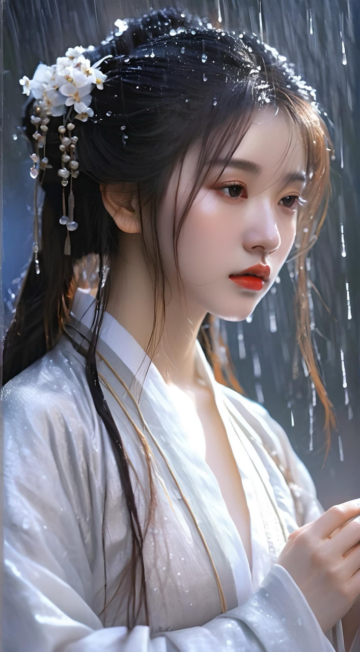 细雨中的古风美女 细雨如丝,轻轻洒落,如琴弦上滑落的音符.