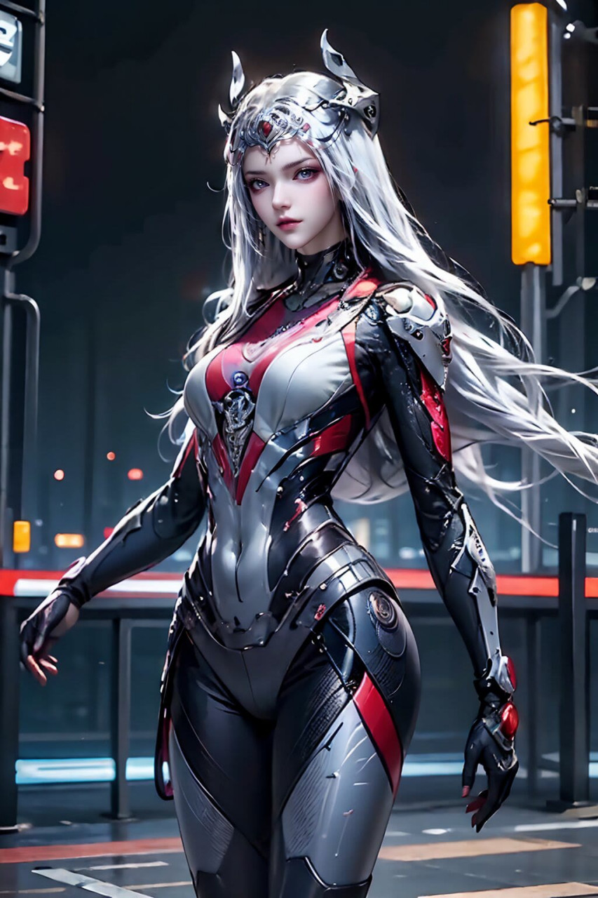 机甲风波塞西女王未来之城,红黑机甲银发女战士,独自站在这条寂静的