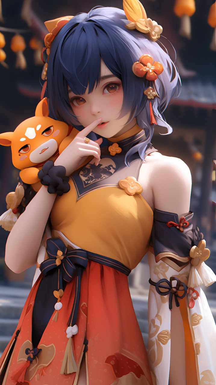 原神香菱,蓝发少女站在湖边,和服的颜色与湖水相映成趣.