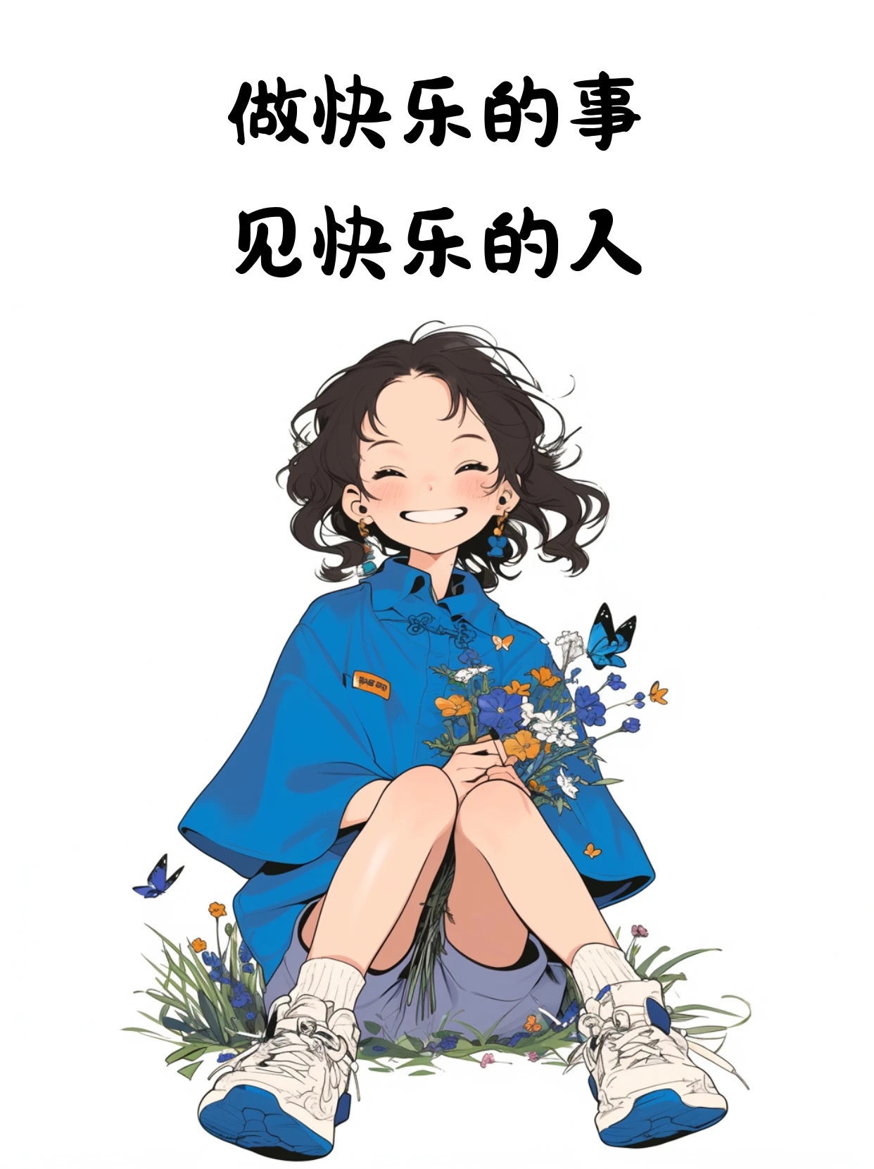 快乐女孩,手捧鲜花,笑对生活