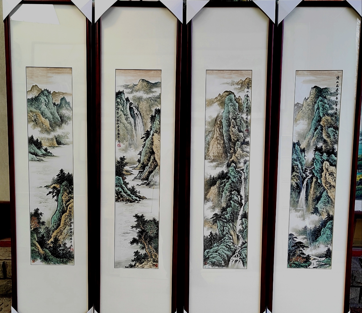 这四幅画屏美翻了,每一幅都是精妙绝伦的山水画