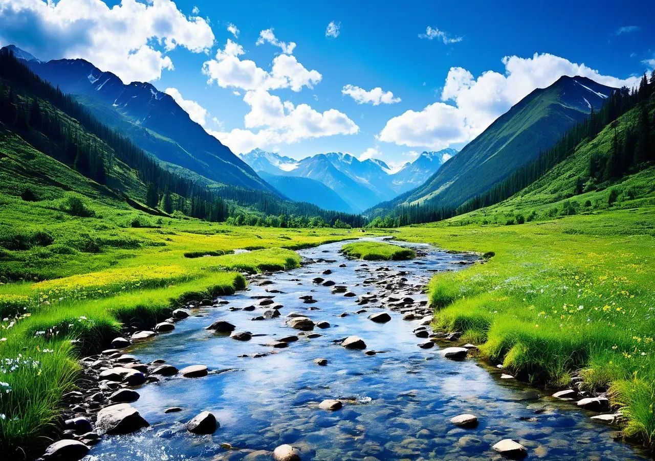 山丘翠绿,白雪点缀其间,溪水潺潺,宛如一曲自然之歌.